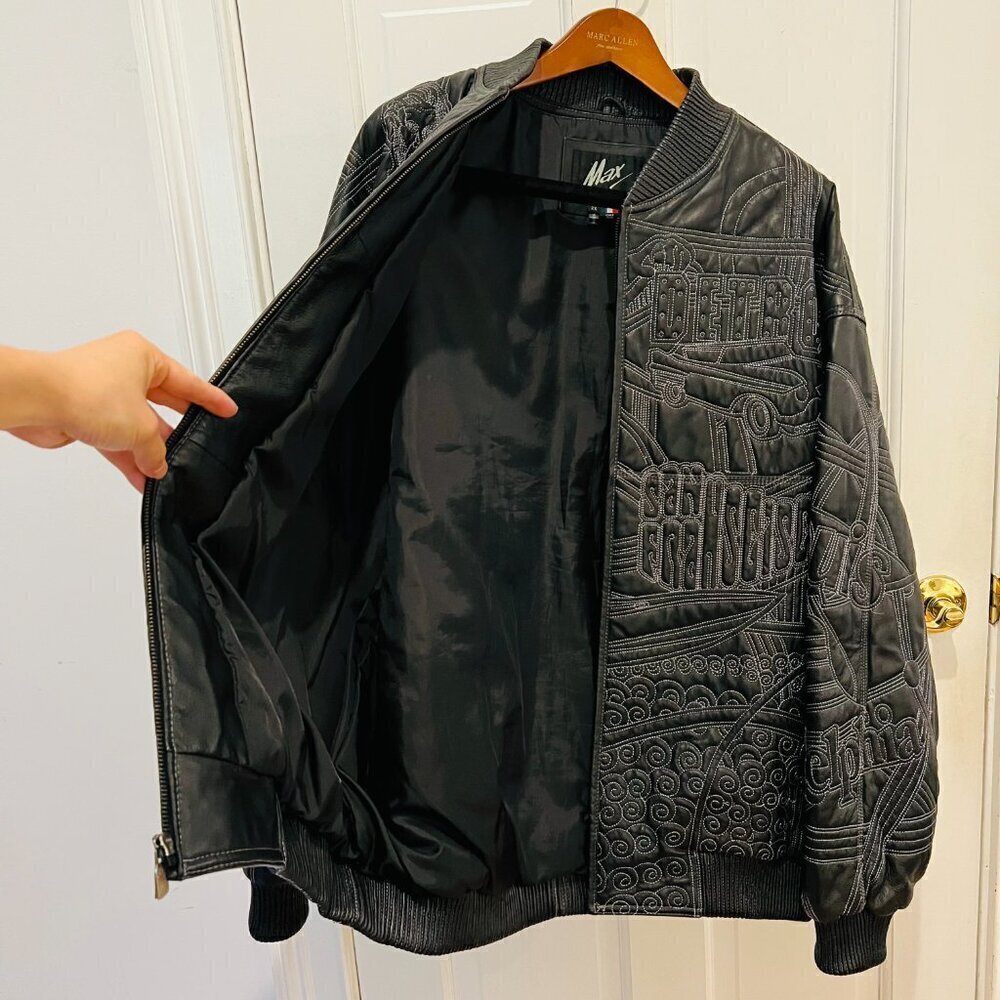 Vintage Max Usa America Cities Embroided Leather Jacket 2xl Hip Hop Rare Y2k — image 8 of 8